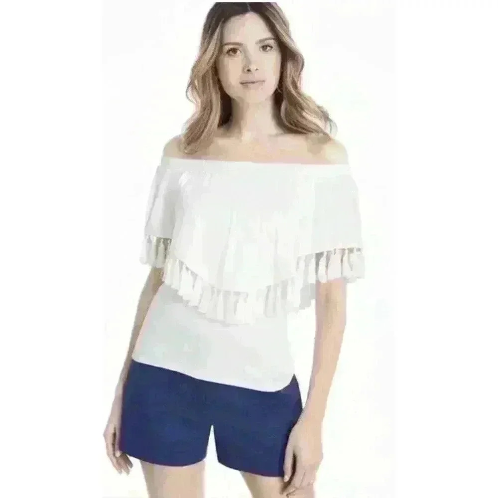 White House Black Market WHBM White Yuma Tassel‎ Tee NWT Medium